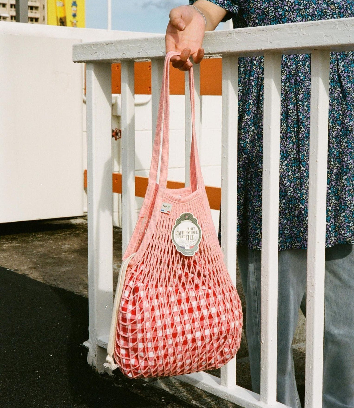 Small Net Shopping Bag Long Handle - Baby Pink
