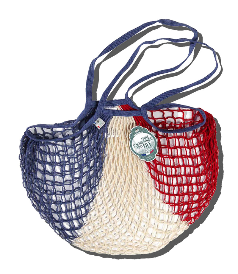 Small Net Shopping Bag Long Handle - Blue, White & Red