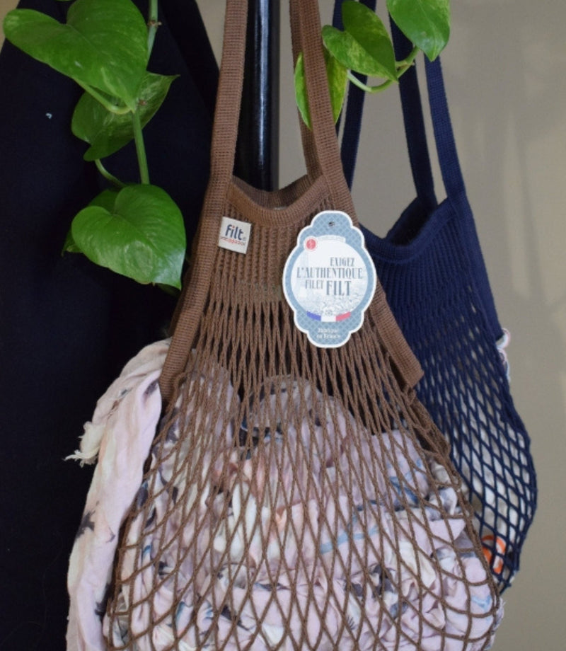 Small Net Shopping Bag Long Handle - Marron Sepia - French Beauty Co.Filt